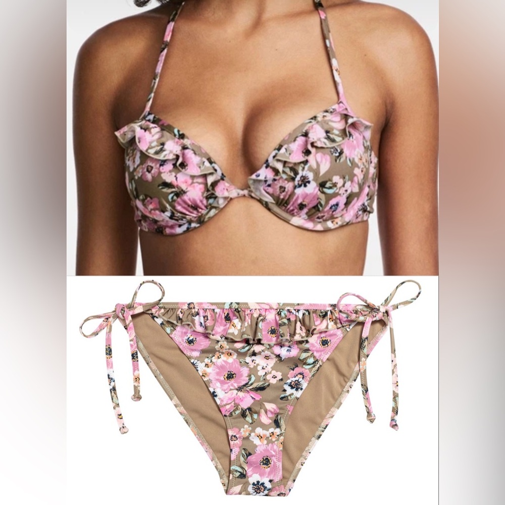 H&M Olive Green & Lilac Purple Floral Bikini Set